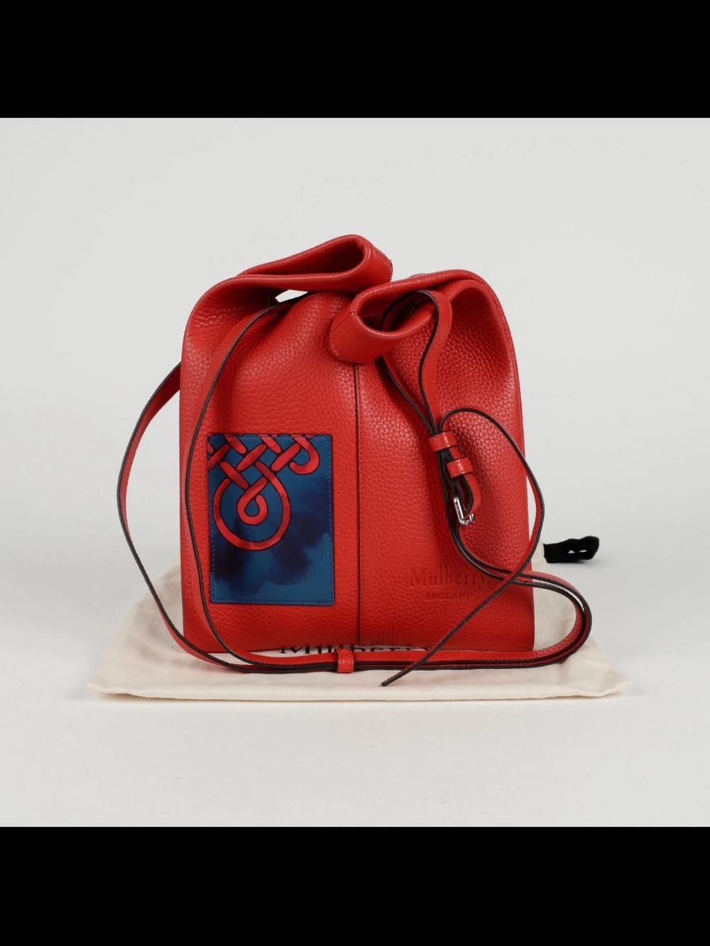 Mulberry Red Leather Crossbody Bucket Bag with Blue Accent